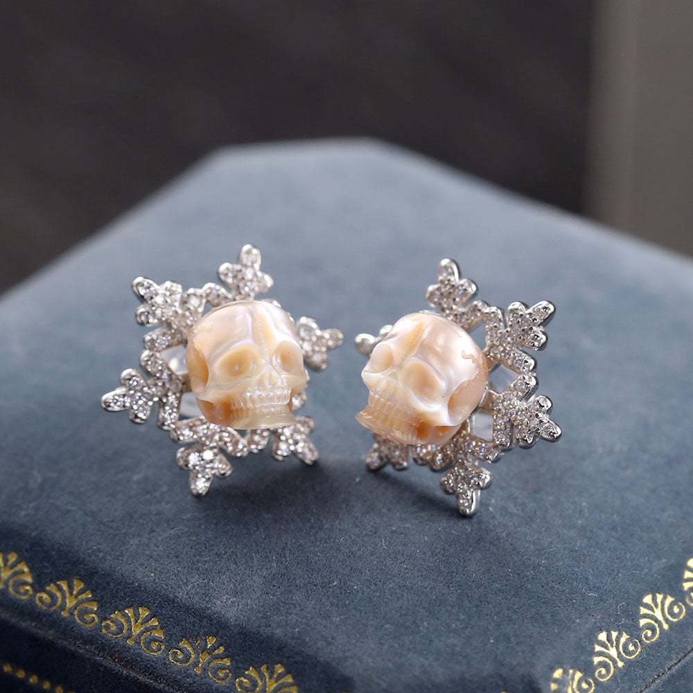Christmas Snowflake Zircon Pearl Skull Stud Earrings