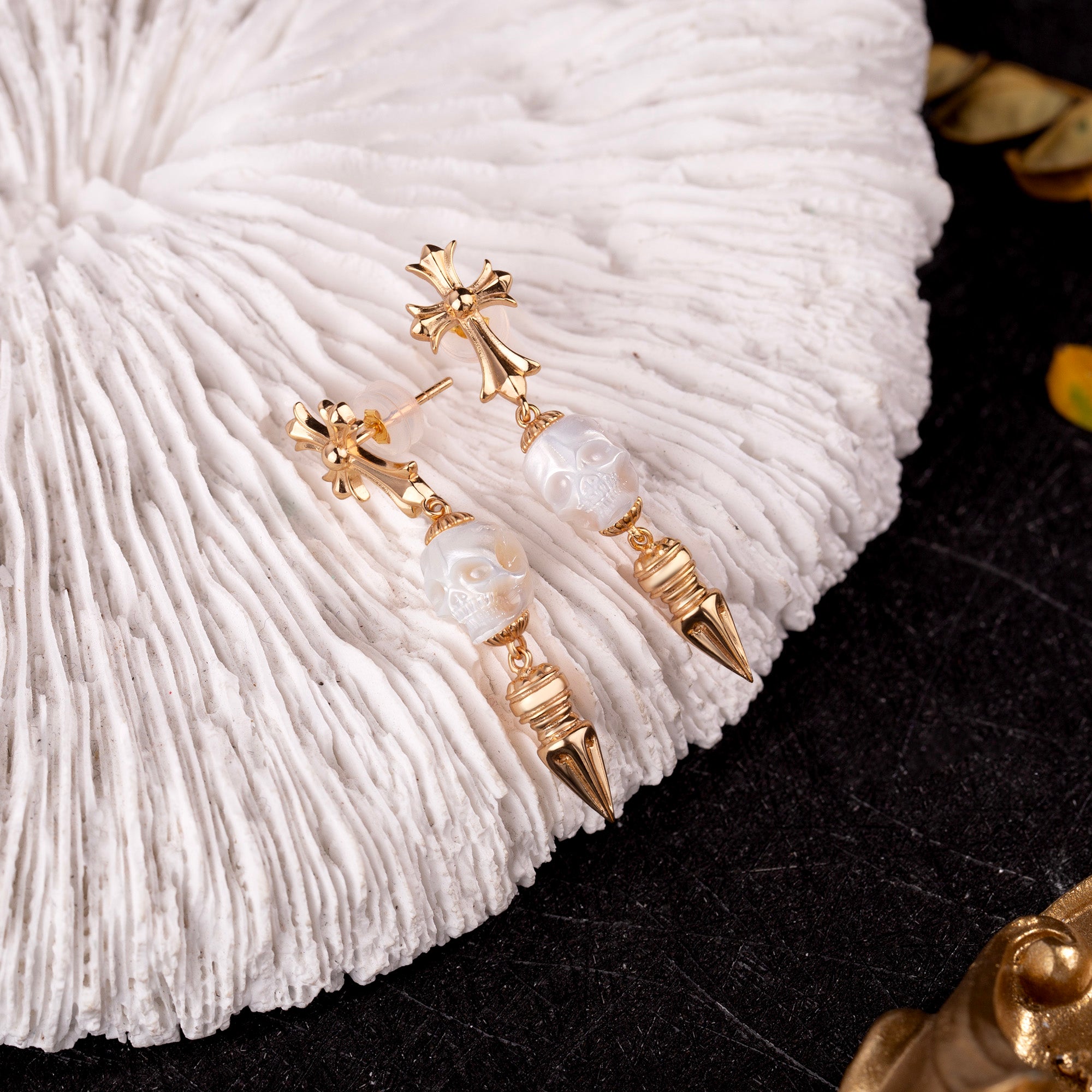 Gothic Elegance Cross & Skull Pearl Stud Earrings