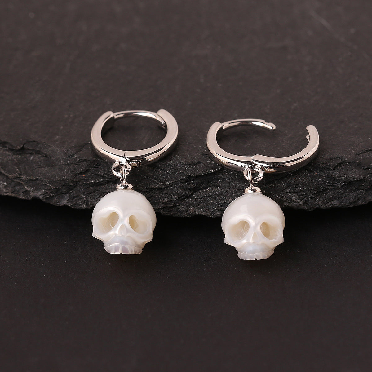 Classic Cranium Pearl Drop Huggie Hoop Earrings-White