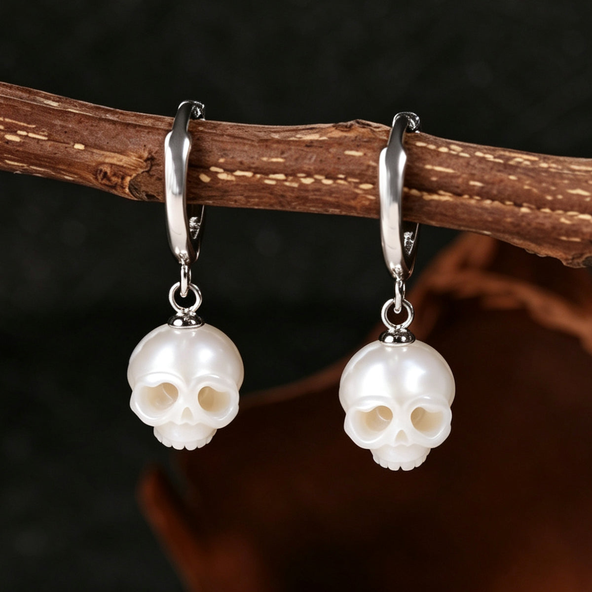 Classic Cranium Pearl Drop Huggie Hoop Earrings-White