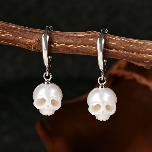 Classic Cranium Pearl Drop Huggie Hoop Earrings-White