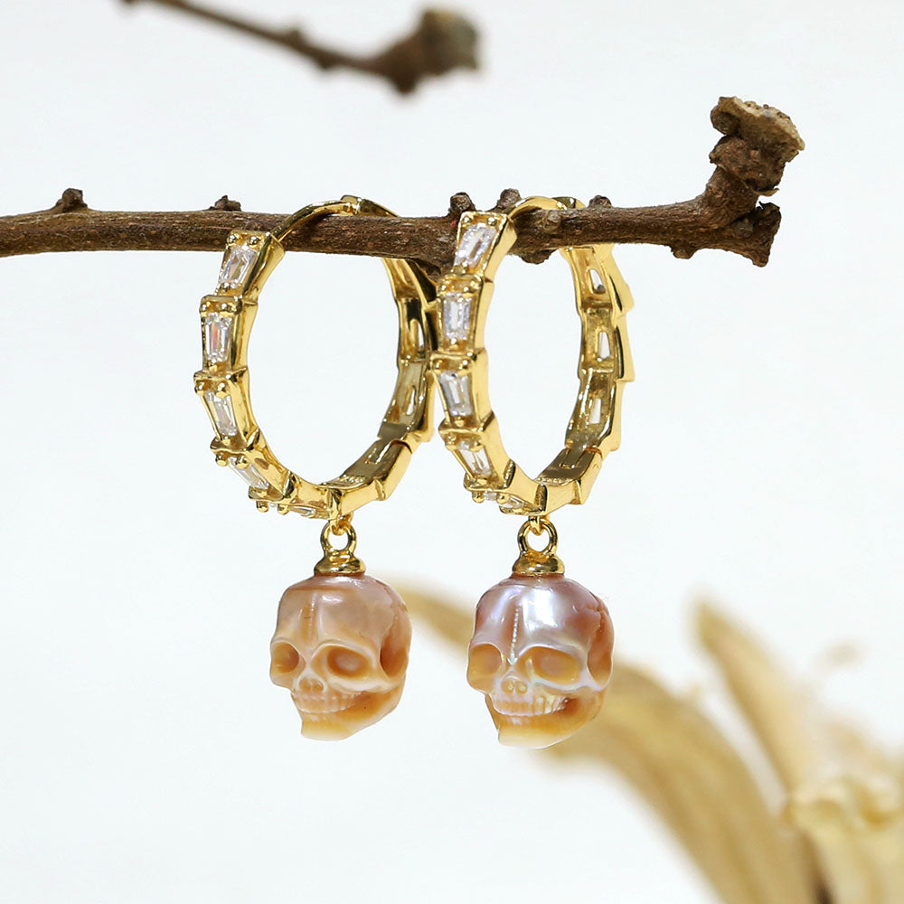 Classic Zircon Pearl Skull Drop Huggie Hoop Earrings