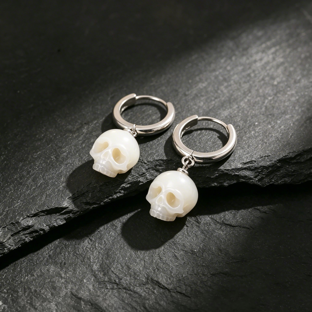 Classic Cranium Pearl Drop Huggie Hoop Earrings-White