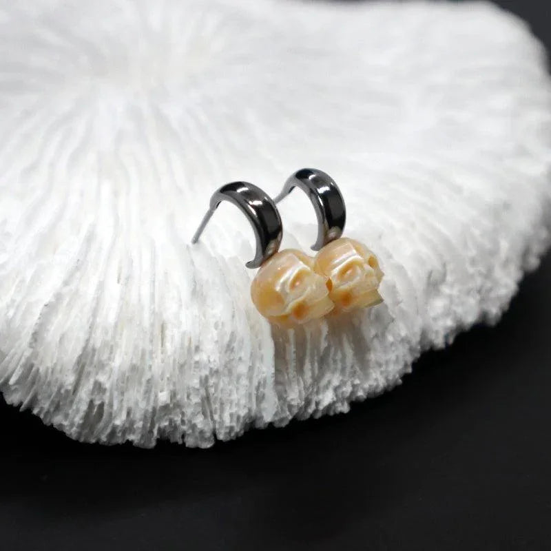 Belle Juri Crescent Pearl Skull Stud Earrings