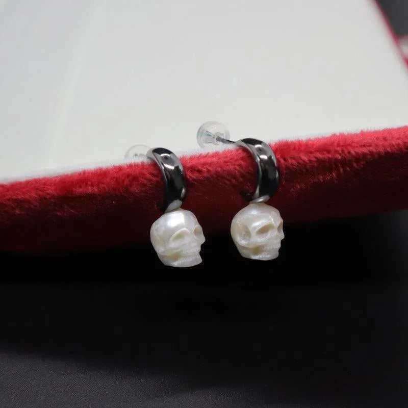 Belle Juri Crescent Pearl Skull Stud Earrings