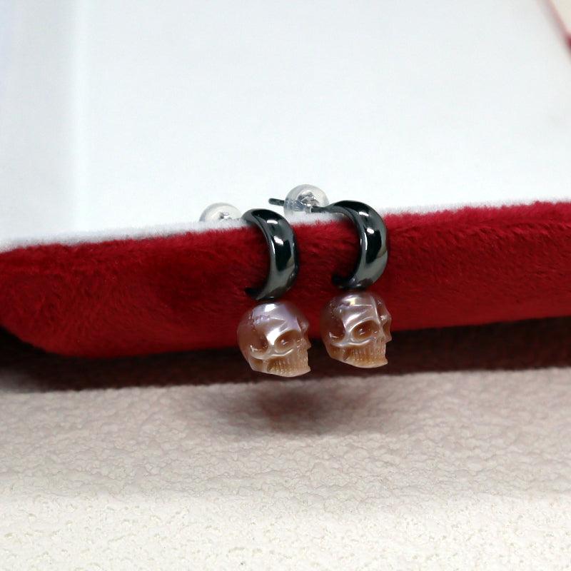 Belle Juri Crescent Pearl Skull Stud Earrings