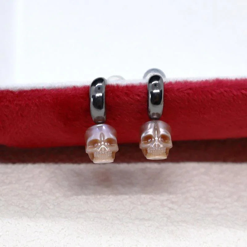 Belle Juri Crescent Pearl Skull Stud Earrings