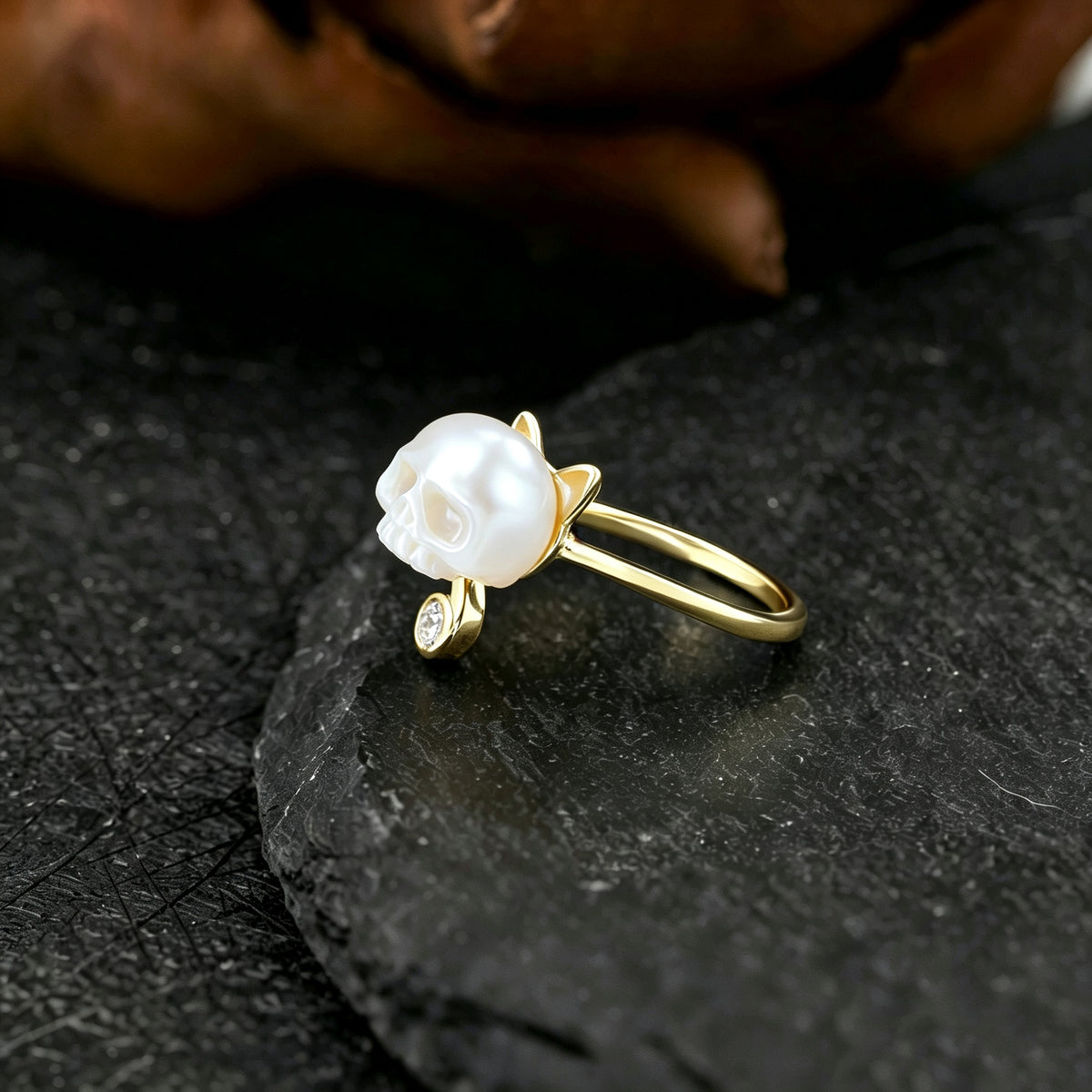Cubic Zirconia Pearl Skull Cat Ring