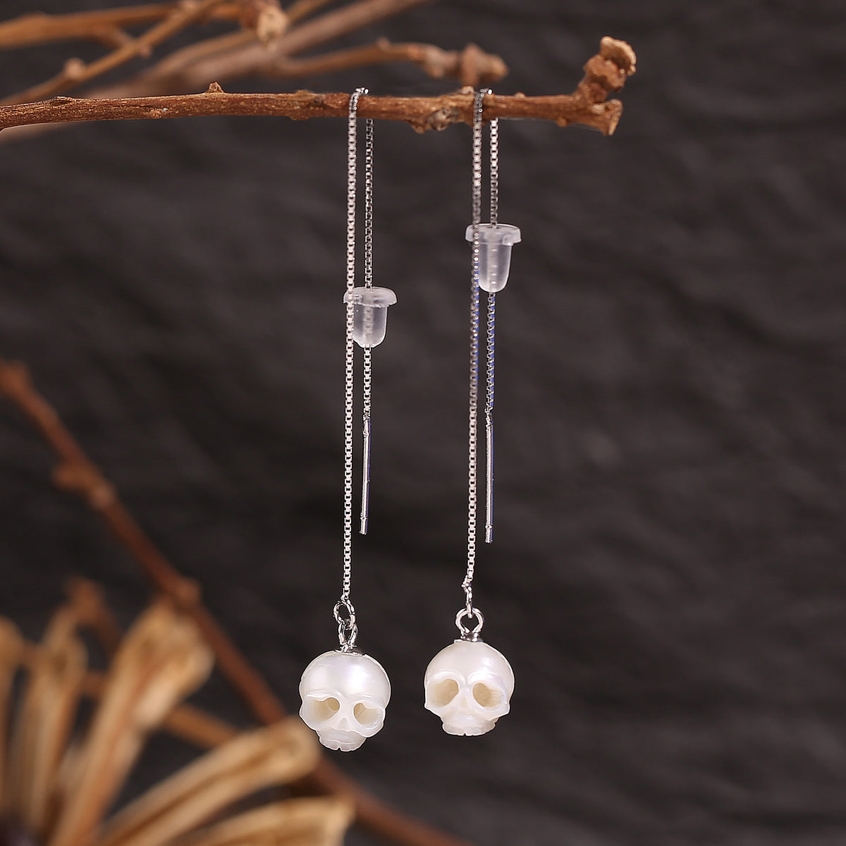 Dainty Cranium Pearl Ear Threader Earrings-White