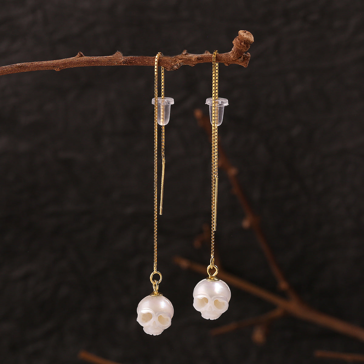 Dainty Cranium Pearl Ear Threader Earrings-White
