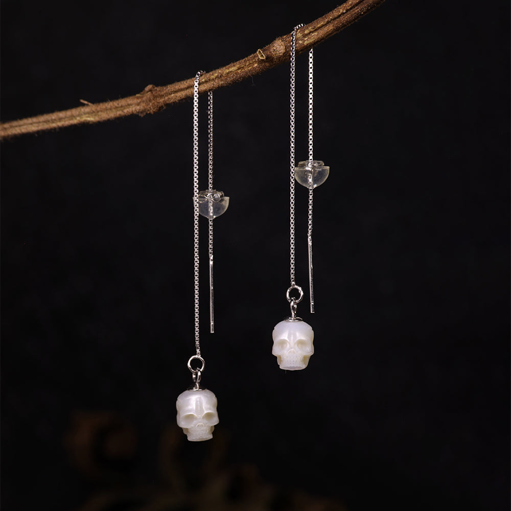 Dainty Pearl Skull Ear Threader Earrings
