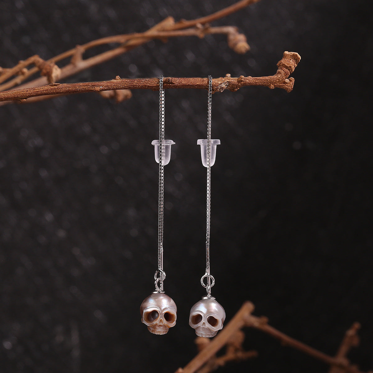 Dainty Cranium Pearl Ear Threader Earrings-Gray