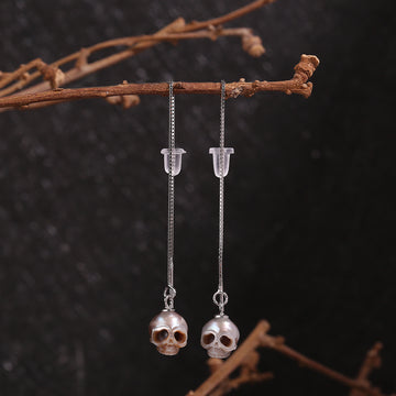 Dainty Cranium Pearl Ear Threader Earrings-Gray