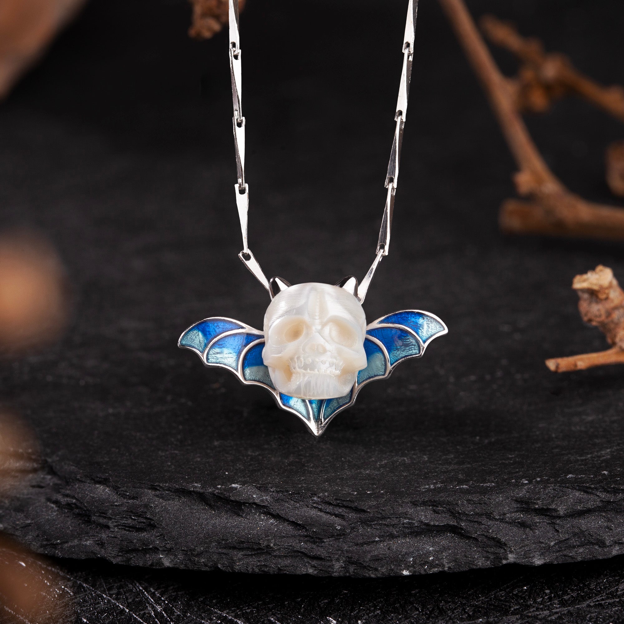 Devil Horn Bat Pearl Skull Necklace