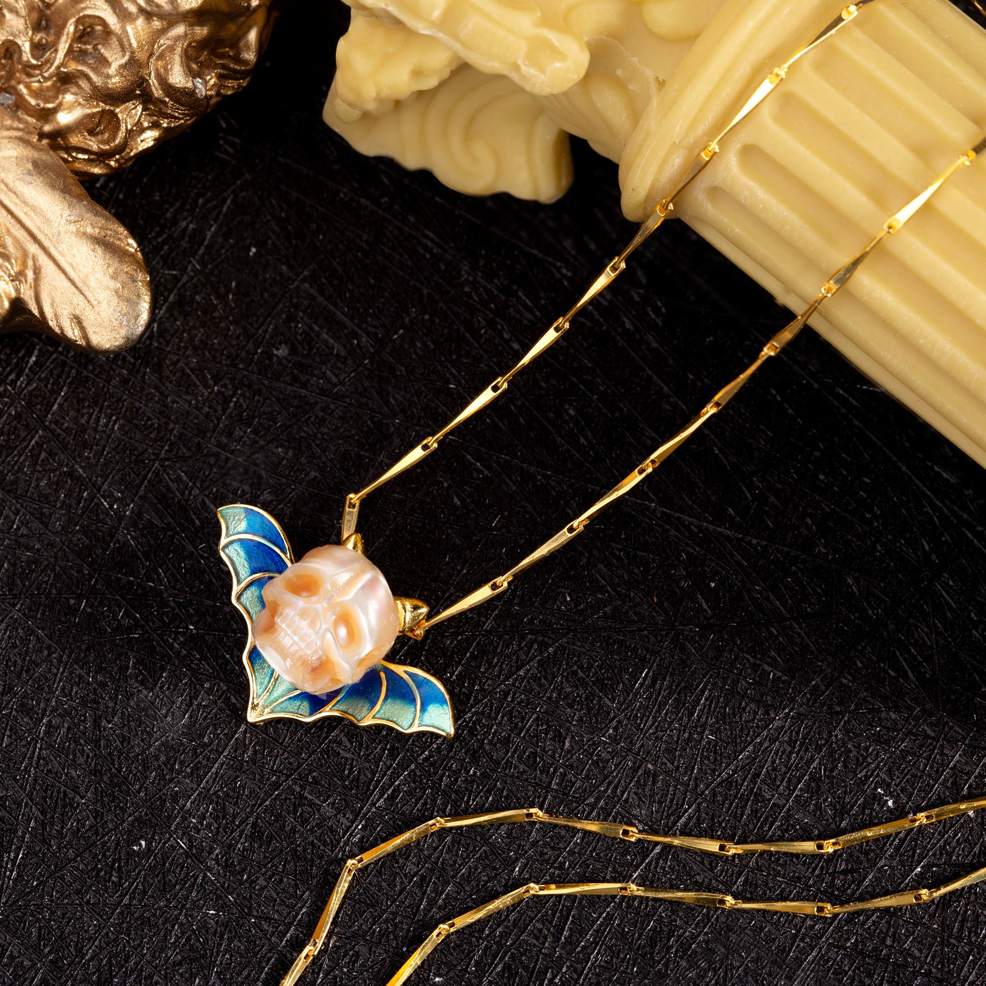 Devil Horn Bat Pearl Skull Necklace