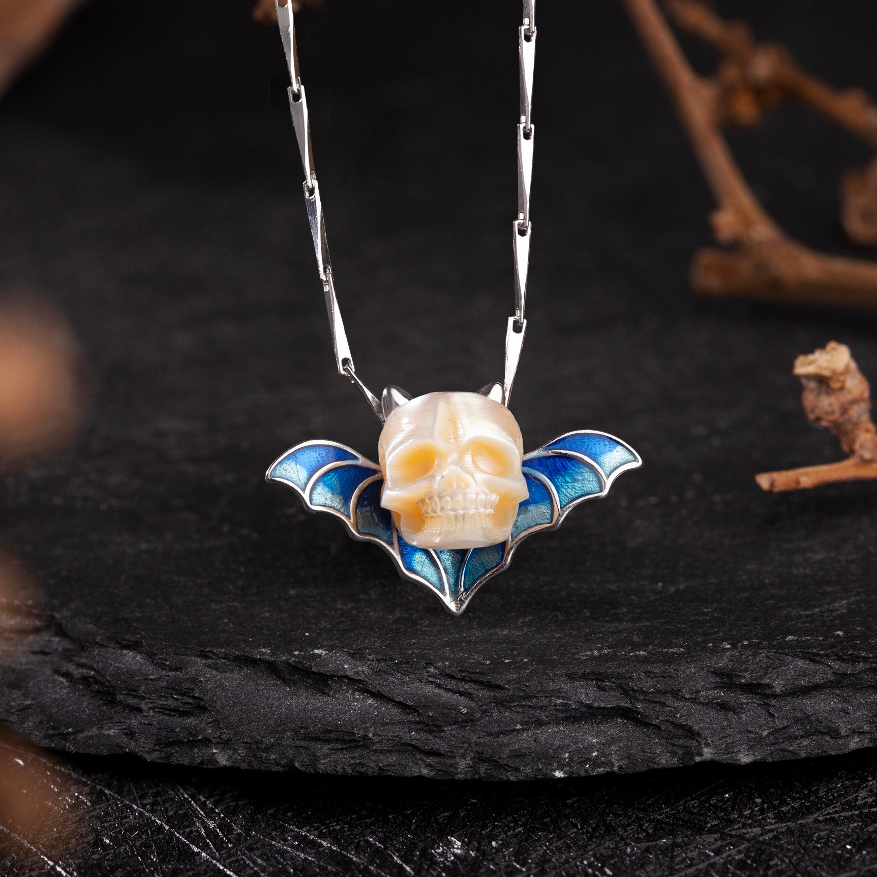 Devil Horn Bat Pearl Skull Necklace