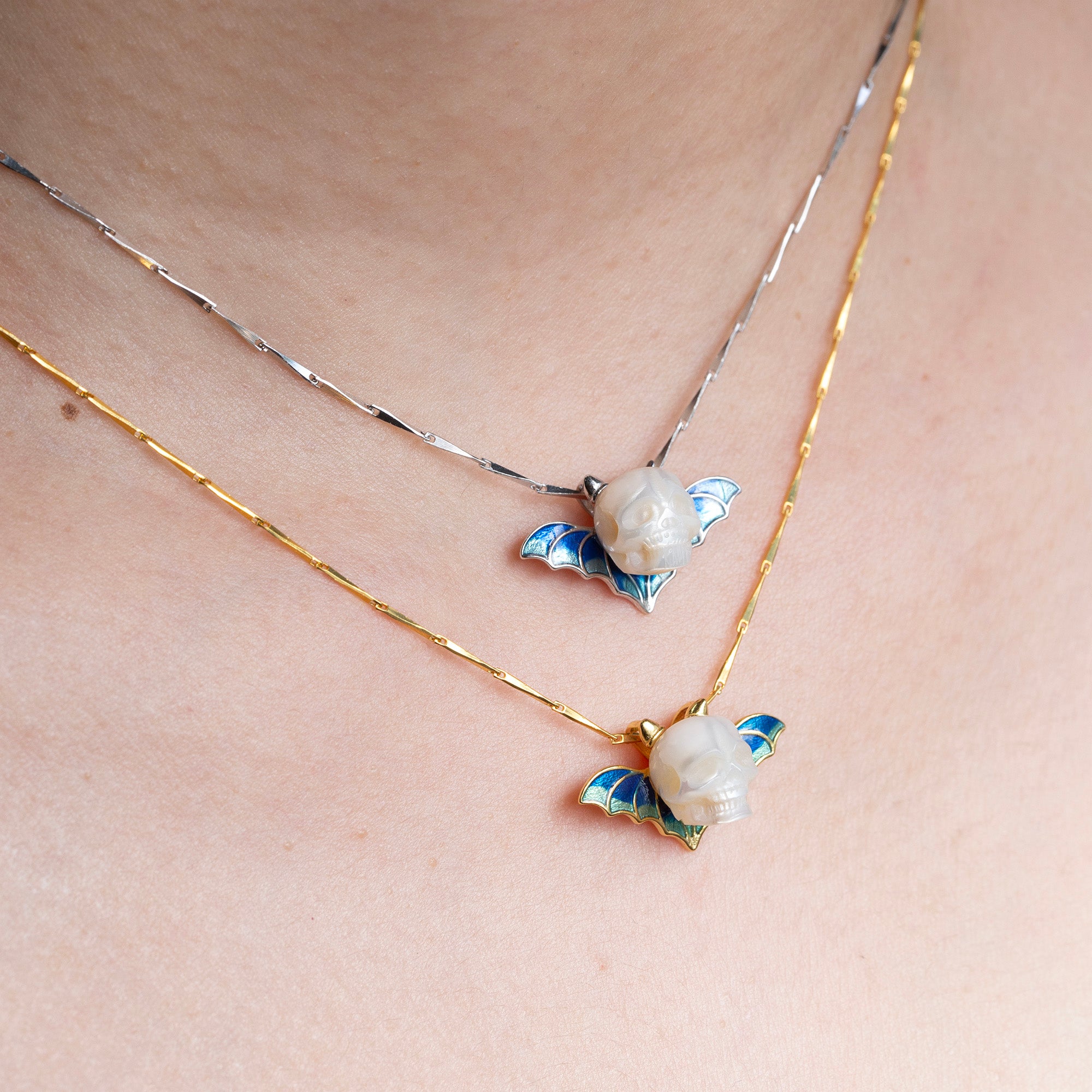 Devil Horn Bat Pearl Skull Necklace