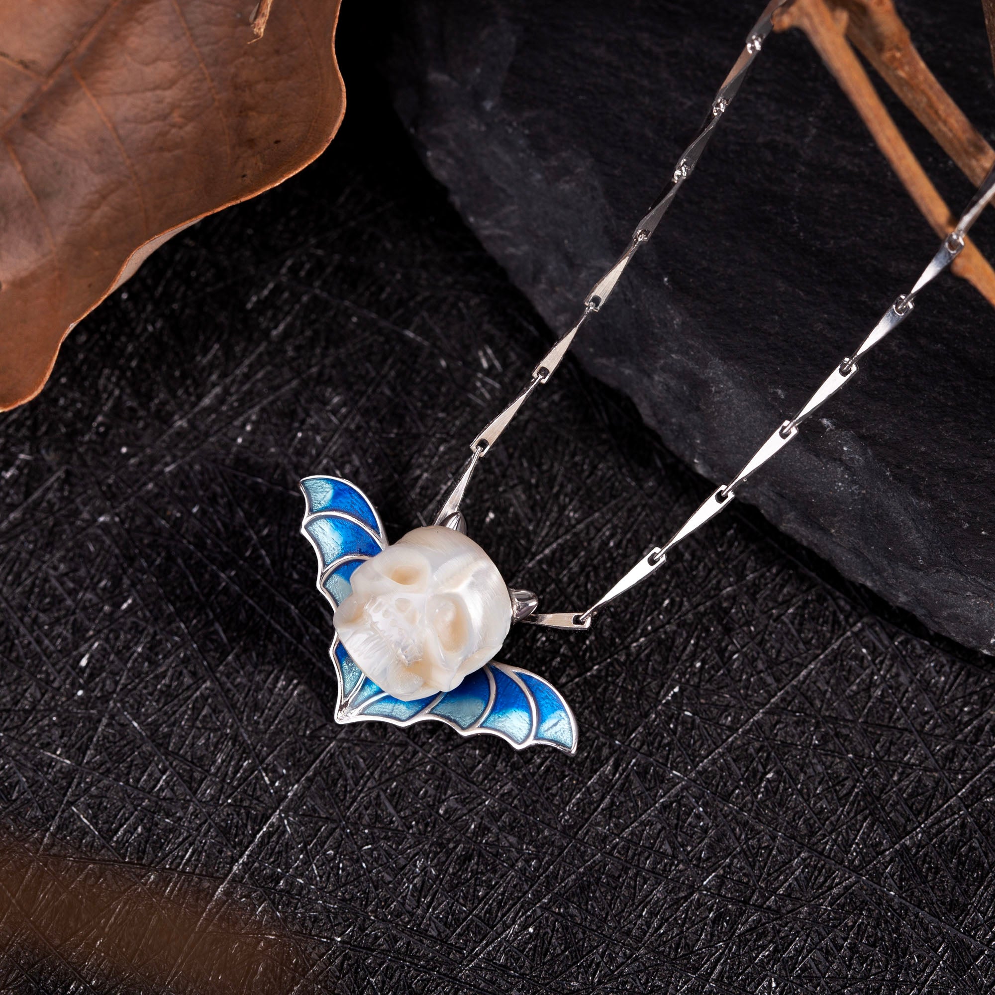 Devil Horn Bat Pearl Skull Necklace