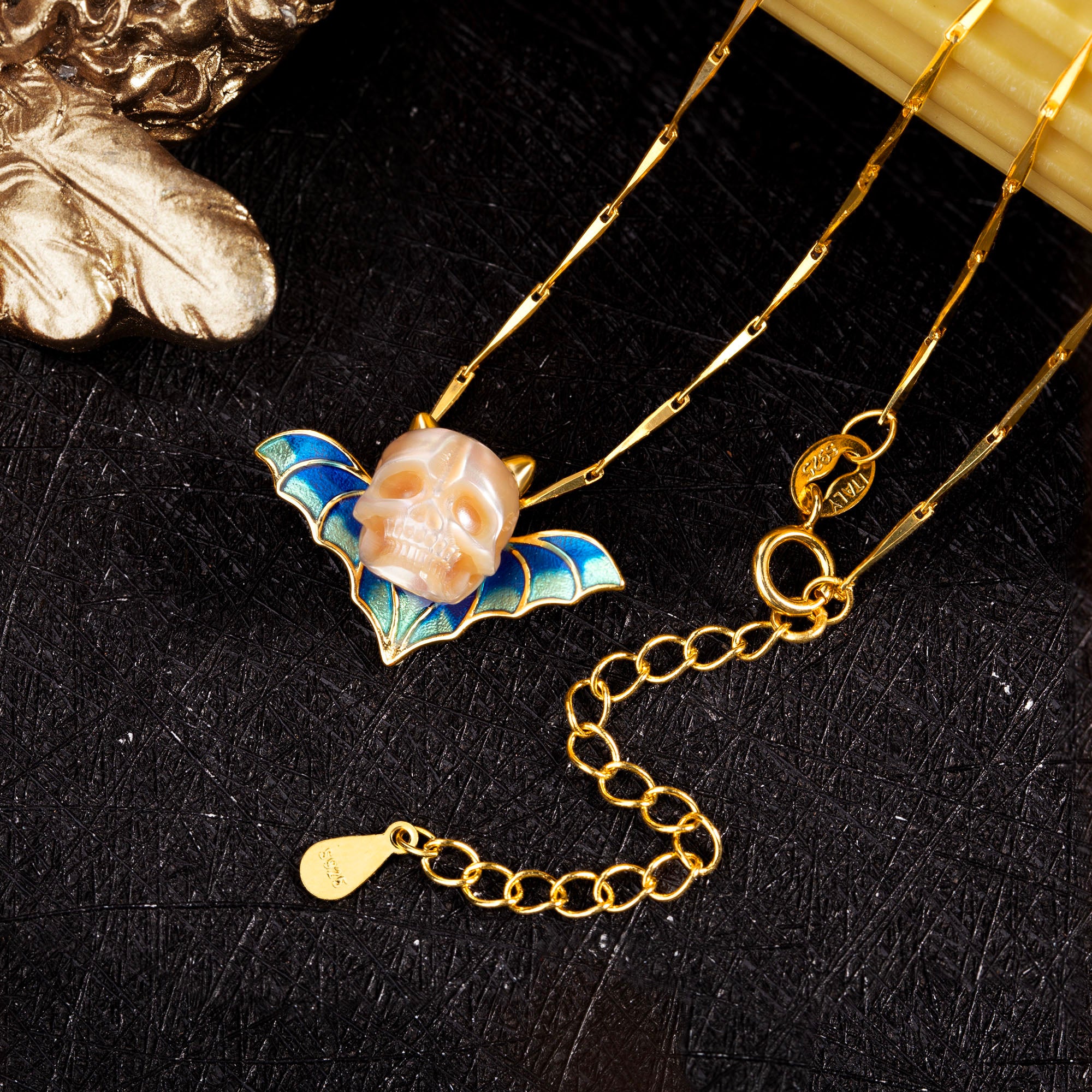 Devil Horn Bat Pearl Skull Necklace