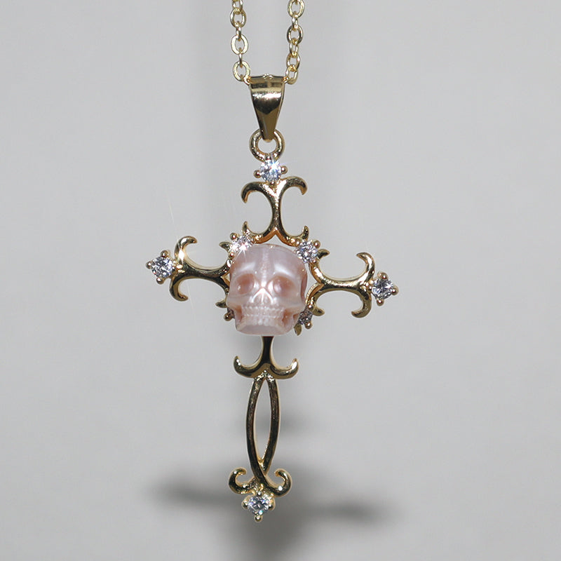 Baroque Carved Cross Pearl Skull Gemstone Pendant Necklace
