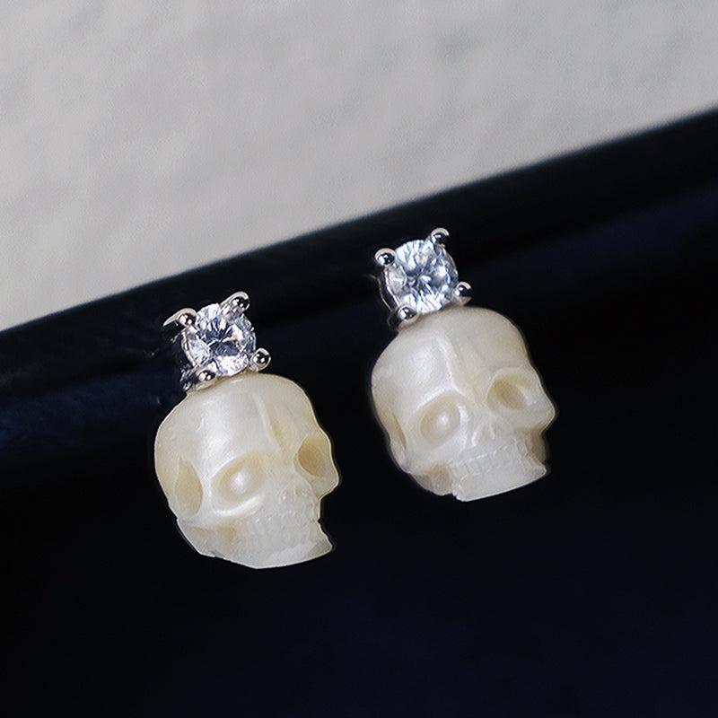 Art Deco Round Cubic Zirconia Pearl Skull CZ Stud Earrings