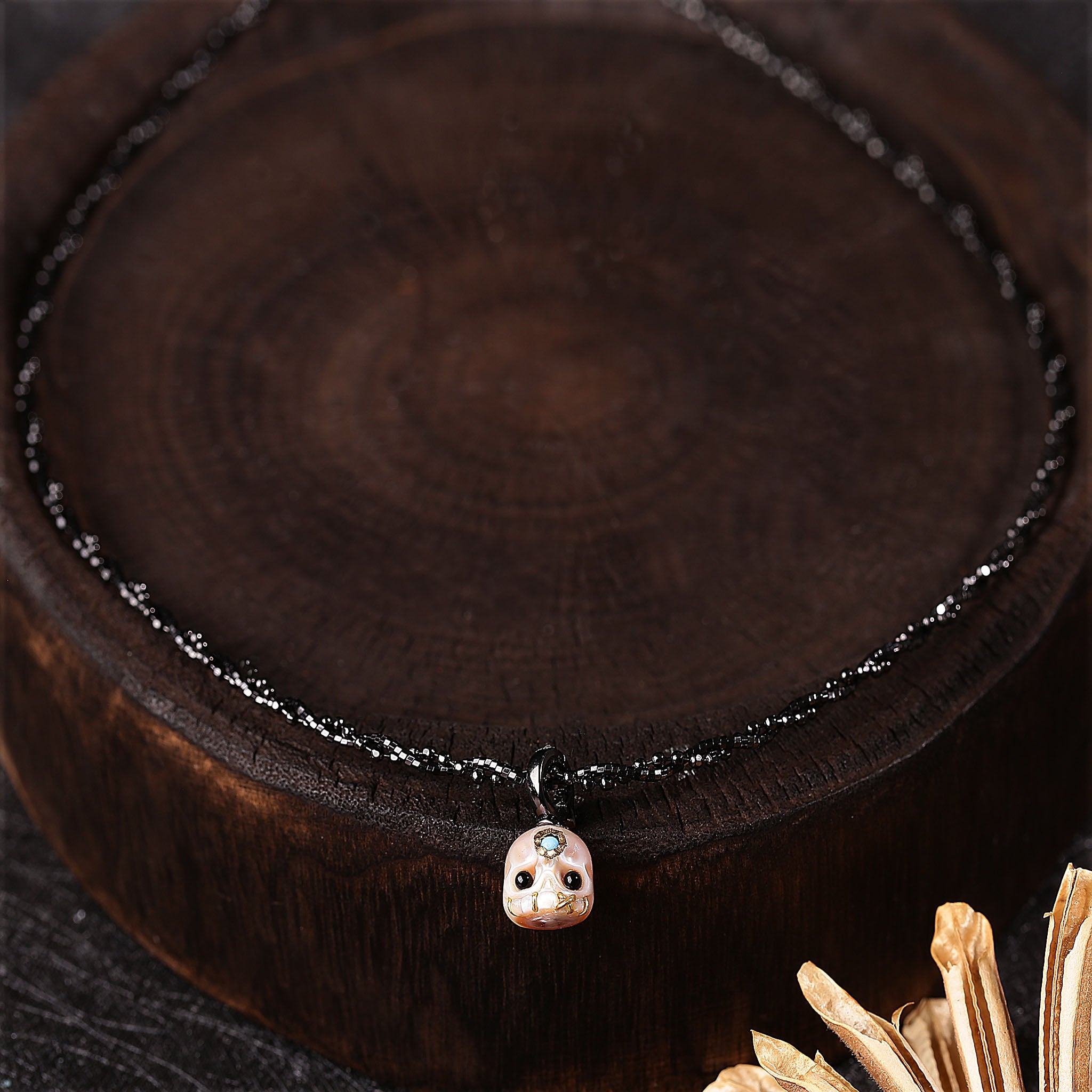 Gesneden Pearl Skull śmaśana edelsteen kralen ketting