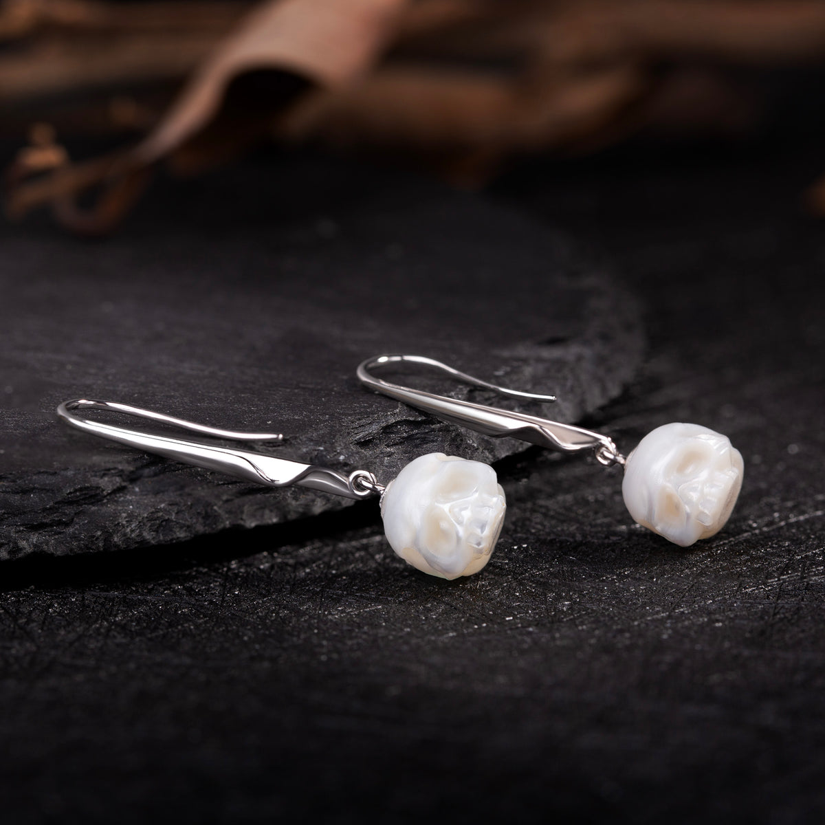 Minimalist Pearl Cranium Hook Earrings
