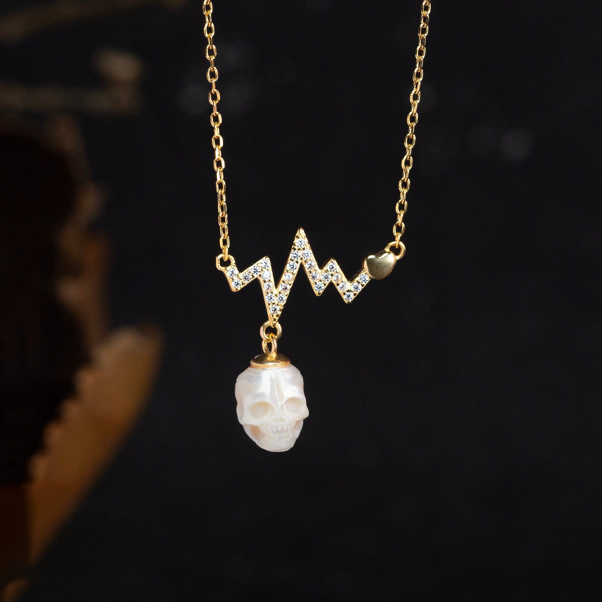ECG Rhythm of Life CZ Pearl Skull Necklace