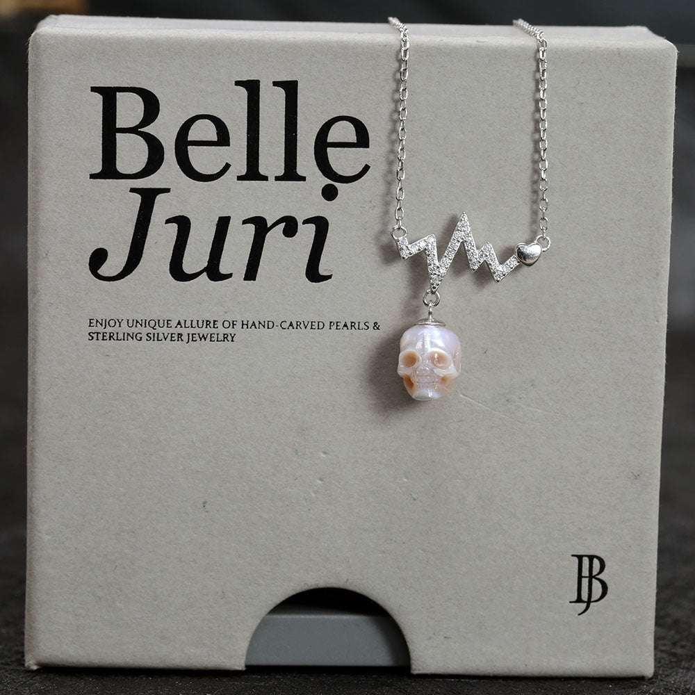 ECG -ritme van het leven CZ Pearl Skull ketting