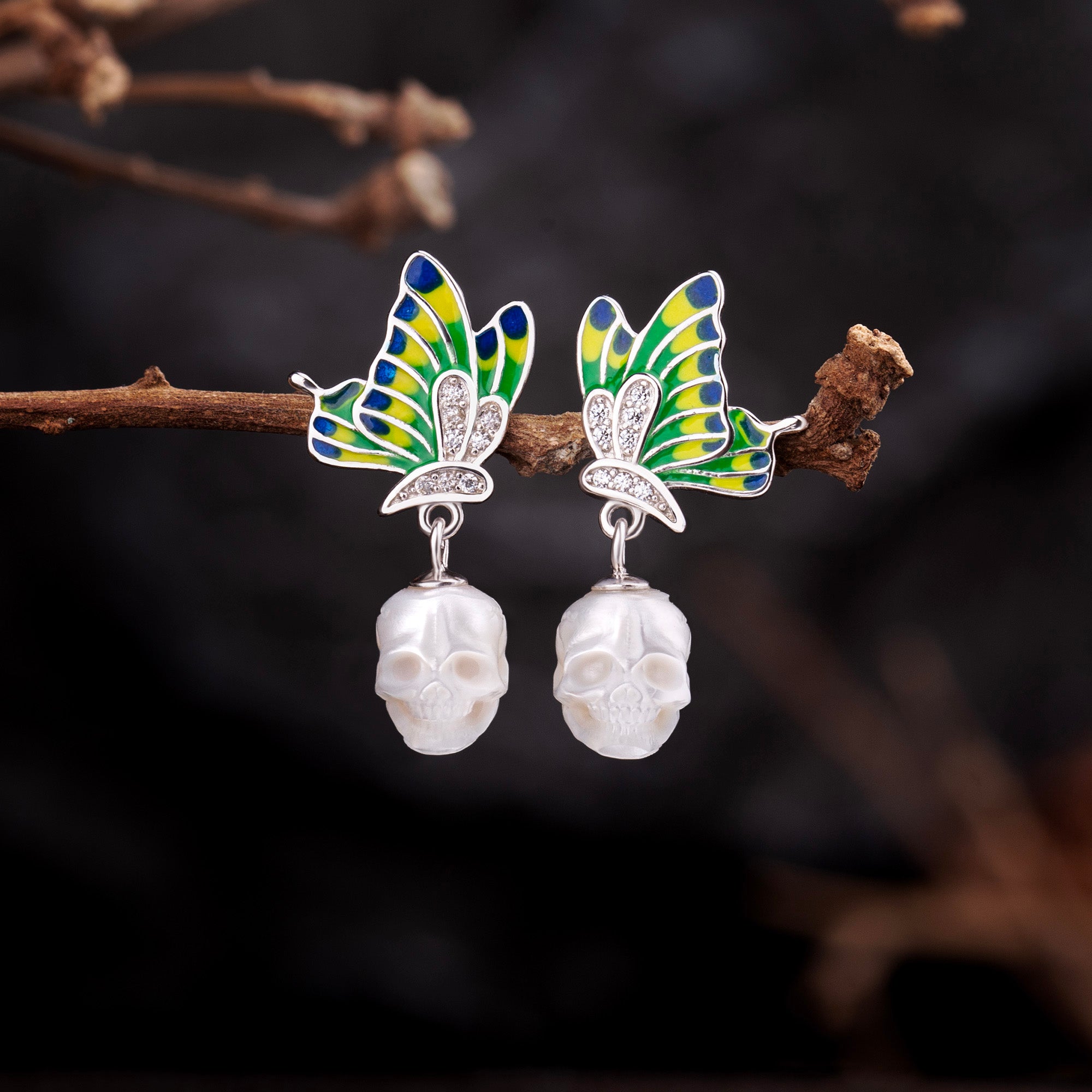 Enamel Butterfly Wing Pearl Skull Dangle Earrings