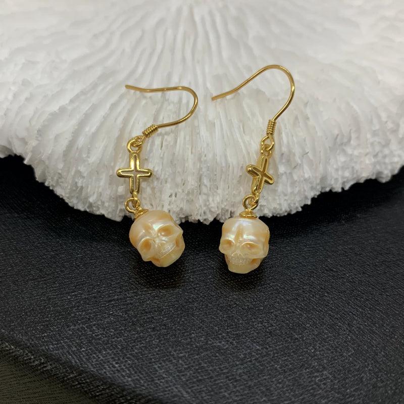 Belle Juri Fashion Cross Pearl Skull Dangle Earrings