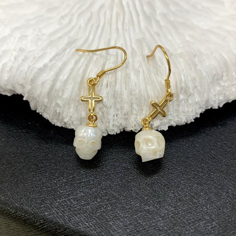 Belle Juri Fashion Cross Pearl Skull Dangle Earrings