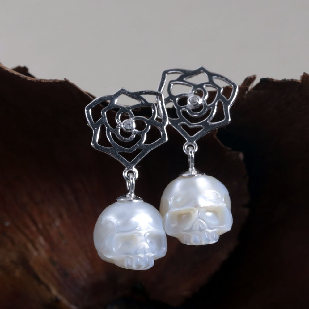 Floral Hollow Flower Pearl Cranium Earrings