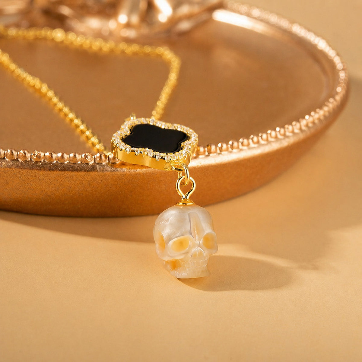 Four-Leaf Clover Pearl Skull Pendant Necklace