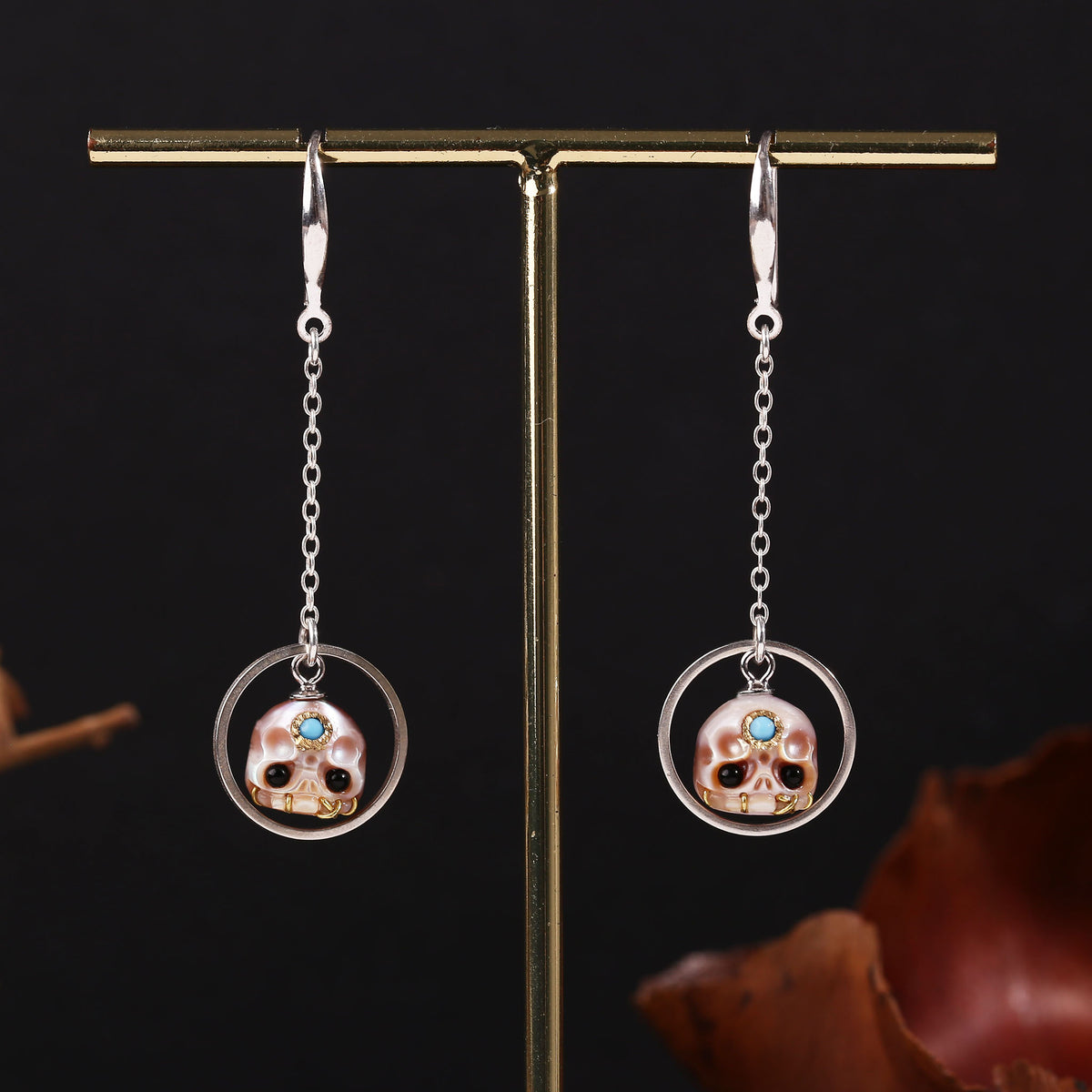 Geometric Carved Pearl Skull Śmaśana Dangle Earrings