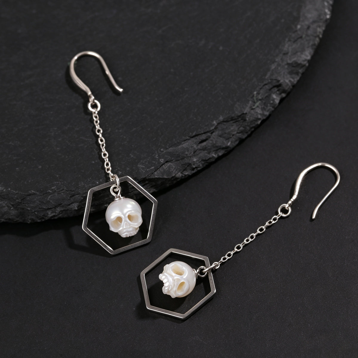 Geometric Hexagonal Carved Pearl Cranium Earrings