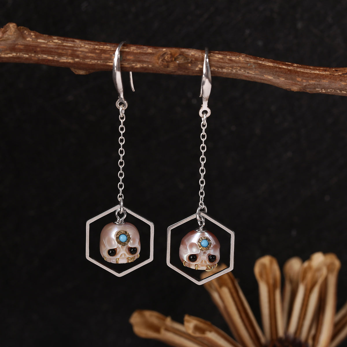 Geometric Hexagonal Carved Pearl Skull Śmaśana Earrings