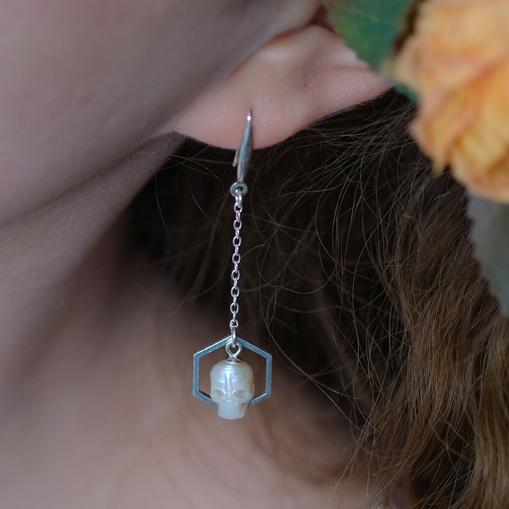 Geometric Hexagonal Pearl Skull Drop Earrings