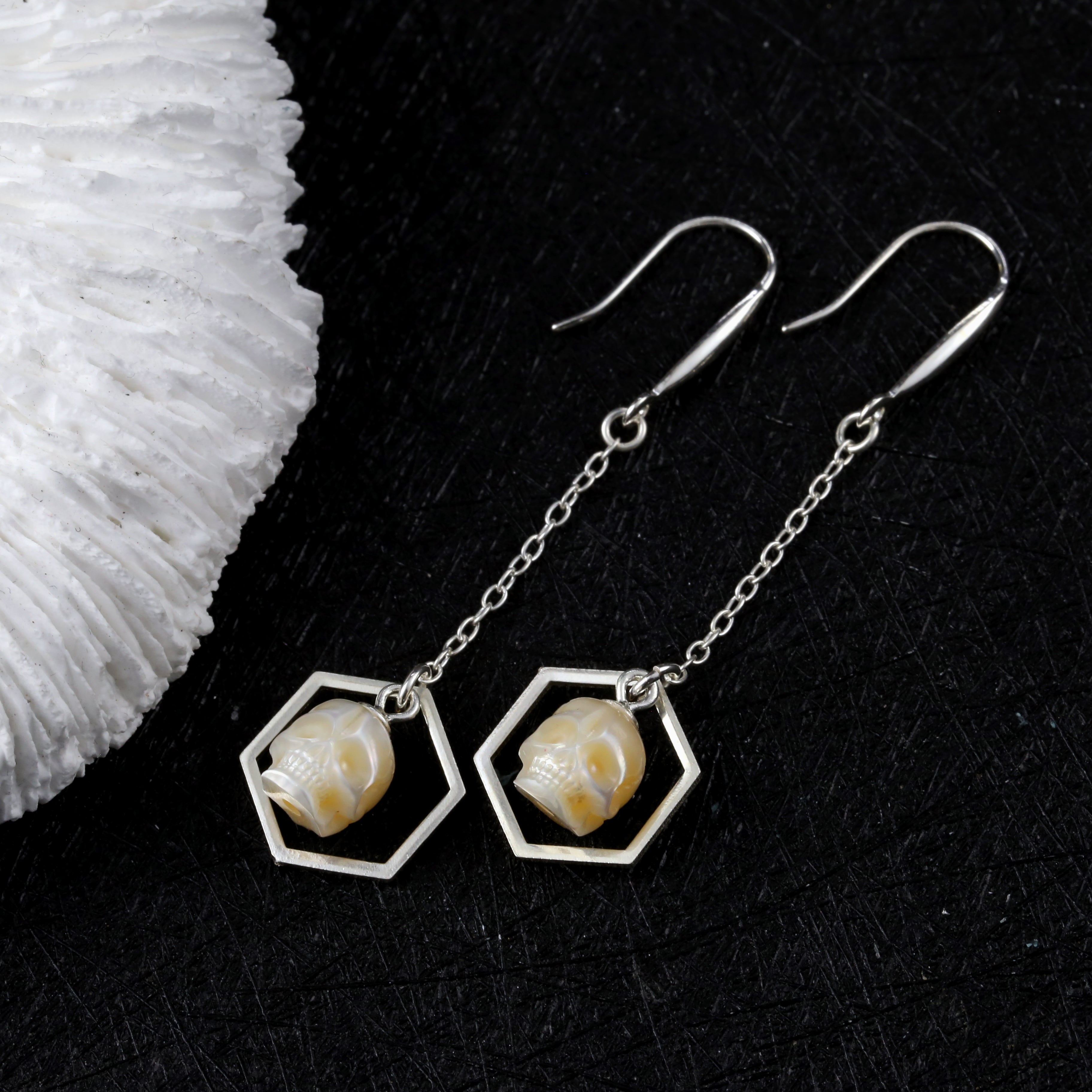 Geometric Hexagonal Pearl Skull Drop Earrings