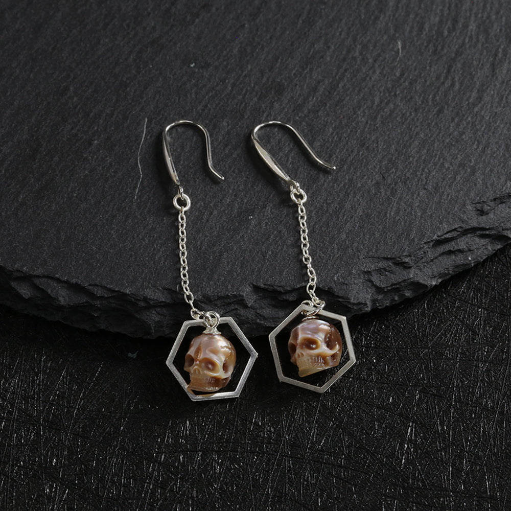 Geometric Hexagonal Pearl Skull Drop Earrings