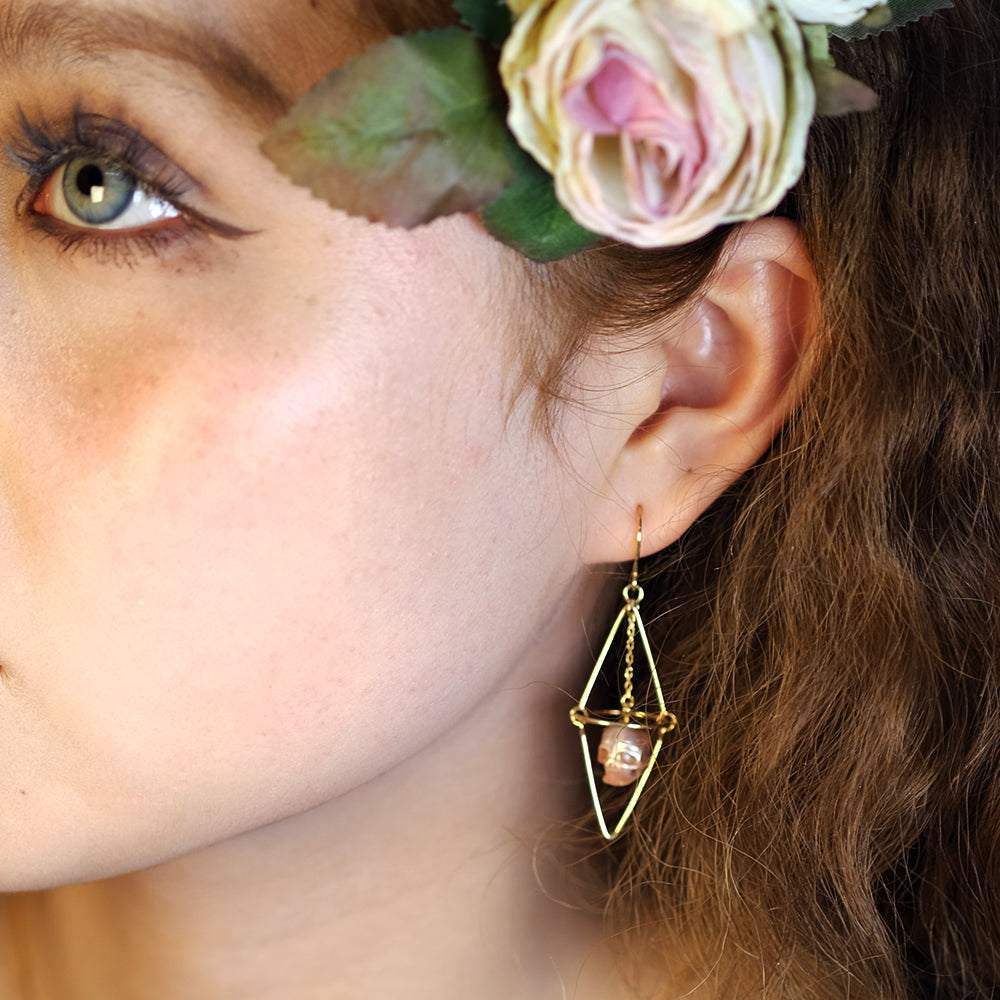 Geometric Pearl Skull Cage Dangle Earrings