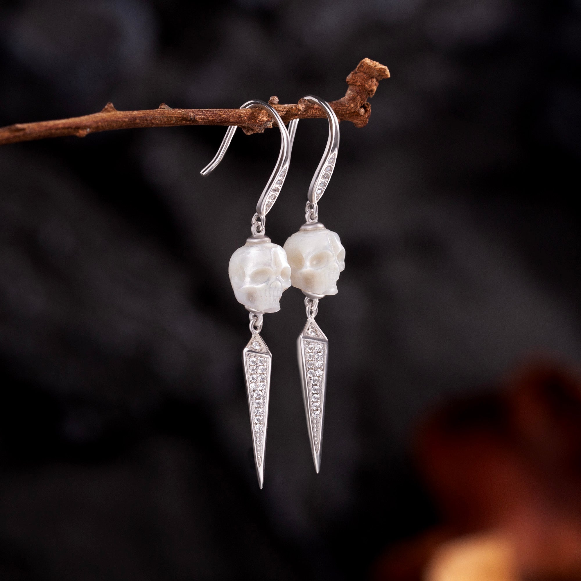 Geometric Pyramid Pearl Skull Earrings