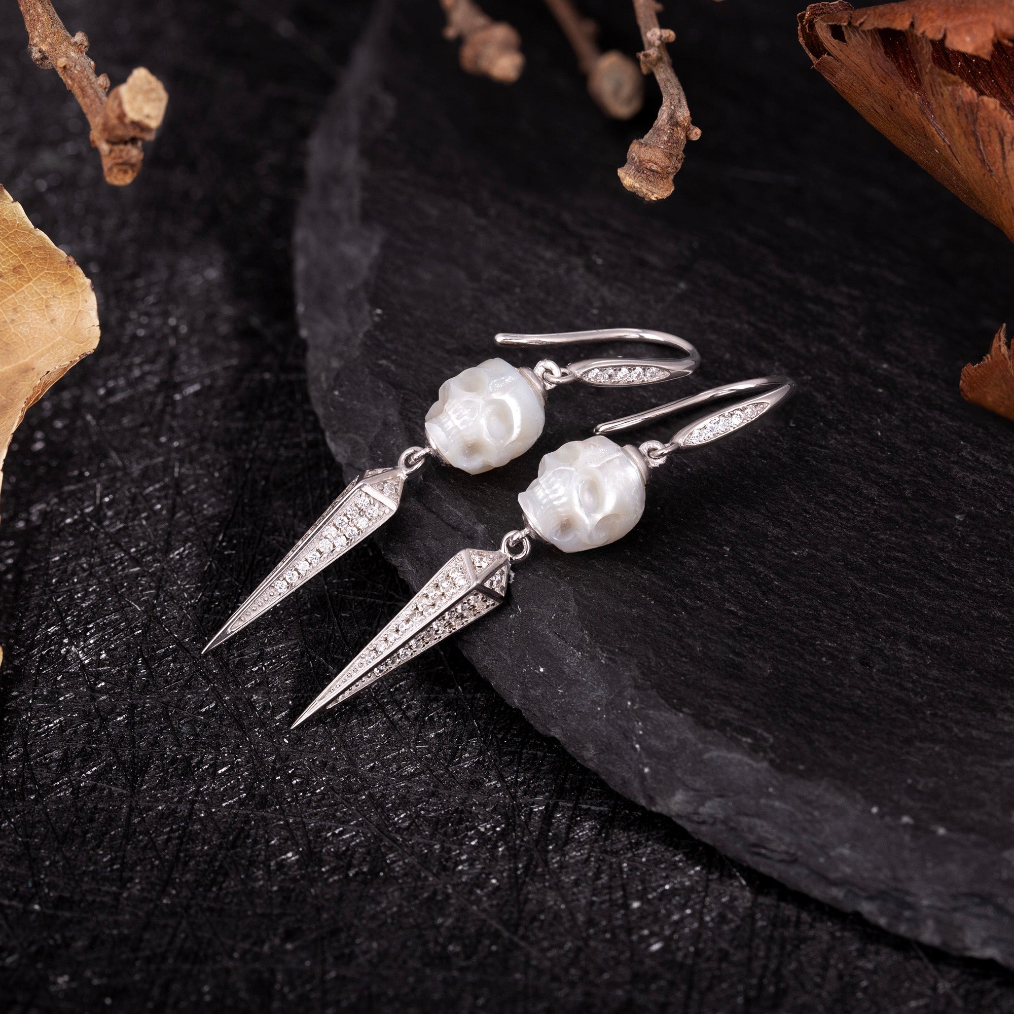Geometric Pyramid Pearl Skull Earrings