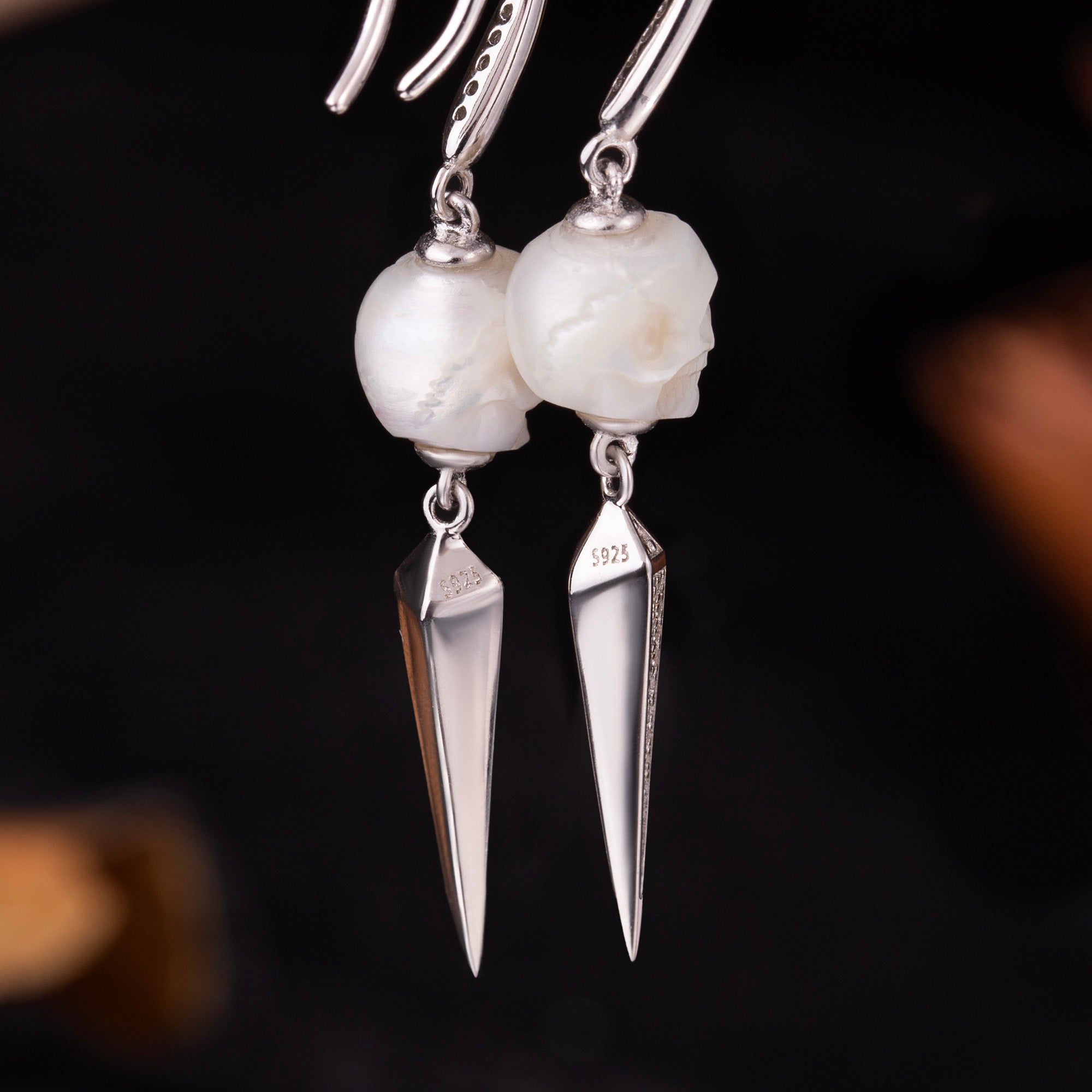 Geometric Pyramid Pearl Skull Earrings