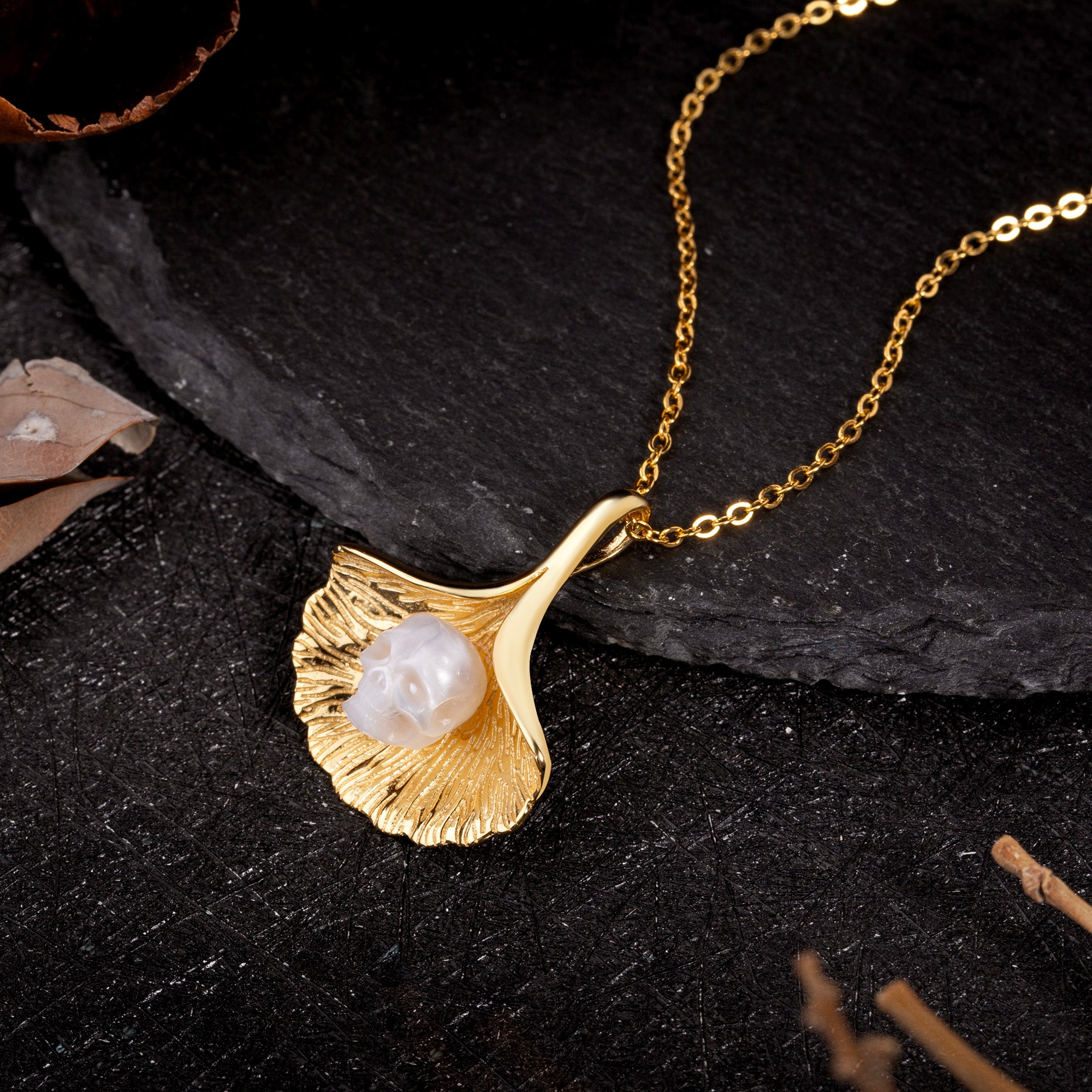 Ginkgo Leaf Pearl Skull Necklace