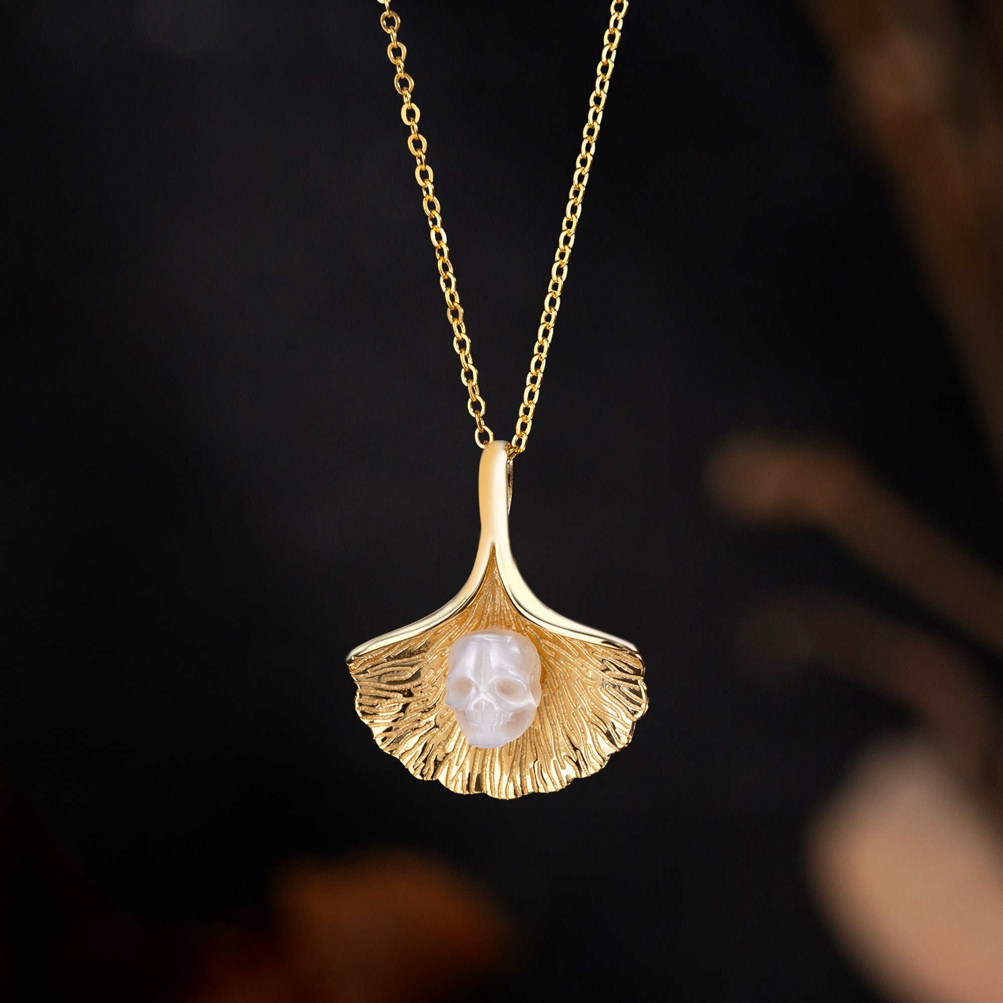 Ginkgo Leaf Pearl Skull Necklace