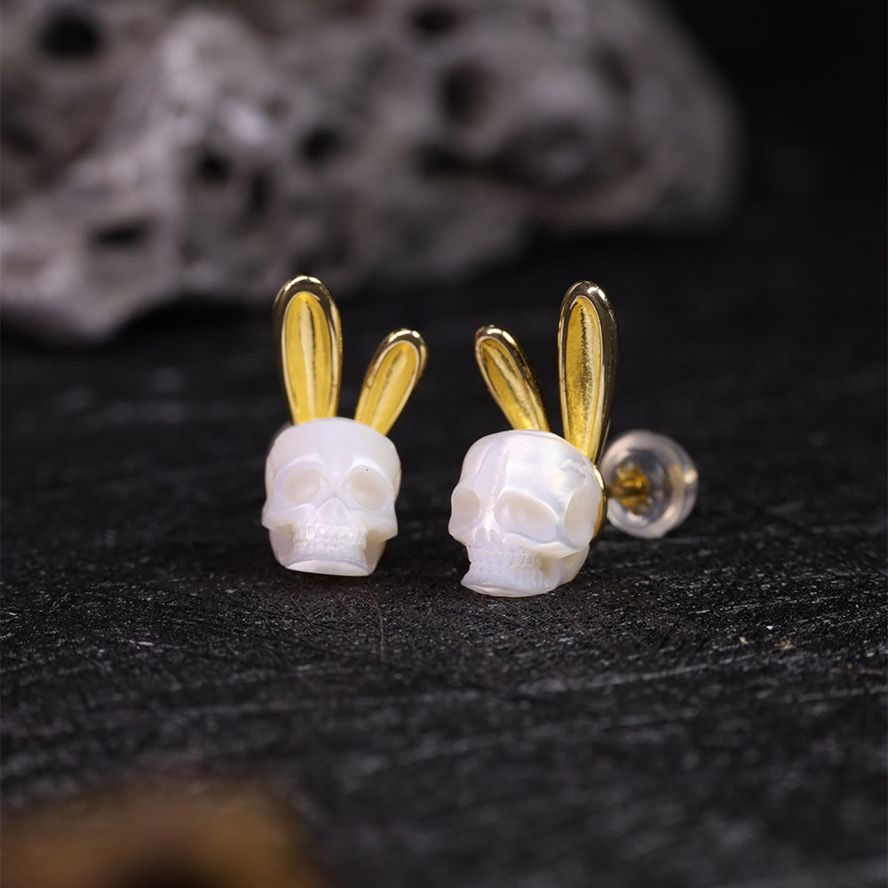 Gold Bunny Ear Pearl Skull Stud Earrings