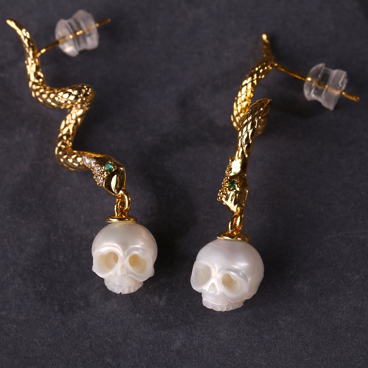 Gold Snake Pearl Skull Drop Earrings