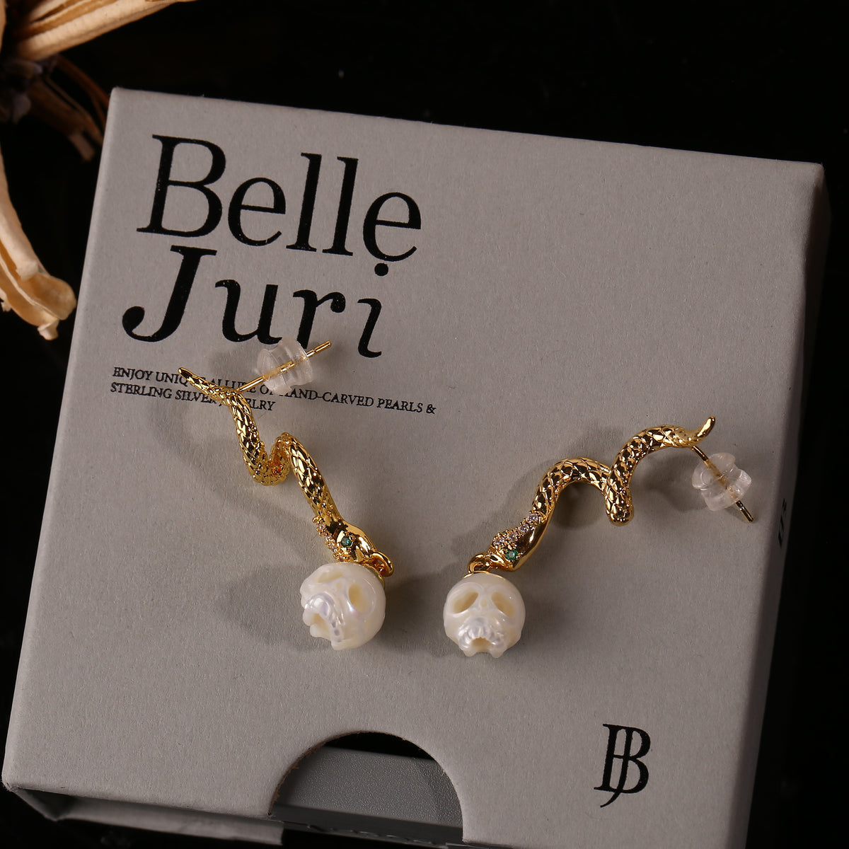 Gold Snake Pearl Skull Drop Earrings