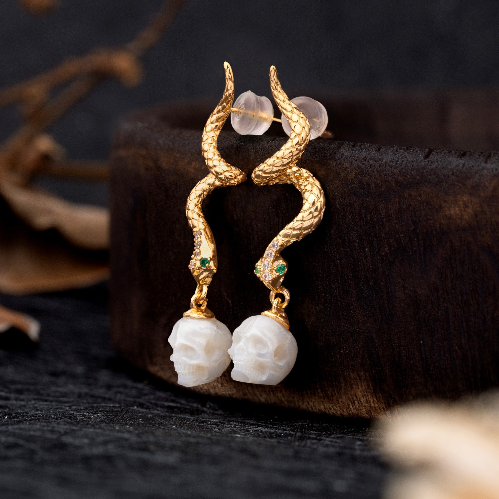Gold Snake Pearl Skull Earrings